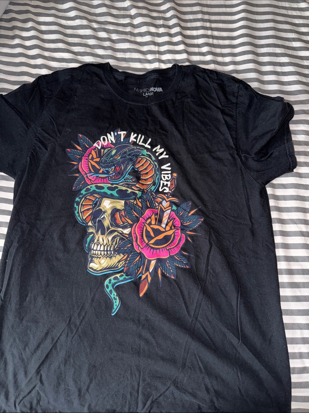 Fashion Nova Black Tee with Neon Skull & Snake Graphic